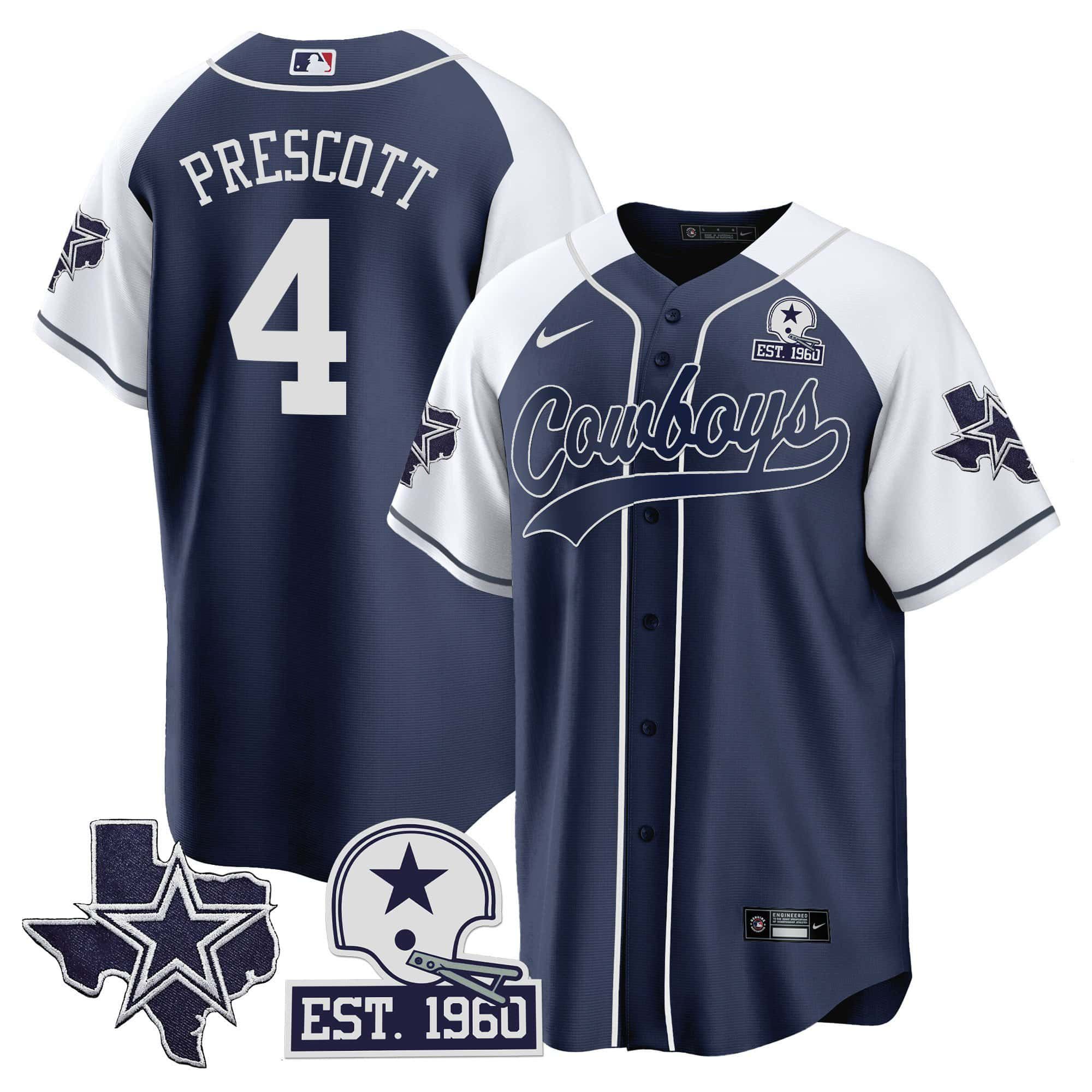 Men Dallas Cowboys #4 Prescott Dark blue 2024 Nike Patch Baseball NFL Jersey style 1